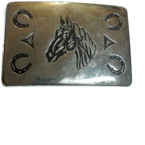 Horse Head Shoes Metal Belt Buckle Silver Black Western